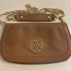 Camel Tory Burch Clutch with Detachable Chain Strap